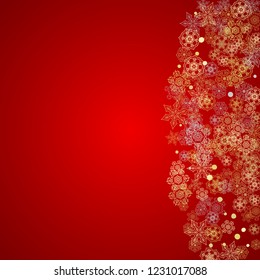 Christmas snow on red background. Glitter frame for seasonal winter banners, gift coupon, voucher, ads, party event. Santa Claus colors with golden Christmas snow. Falling snowflakes for holiday