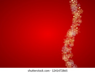 Christmas snow on red background. Glitter frame for winter banners, gift coupon, voucher, ads, party event. Santa Claus colors with golden Christmas snow. Horizontal falling snowflakes for holiday