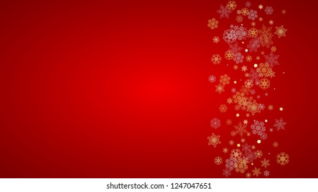 Christmas snow on red background. Glitter frame for winter banners, gift coupon, voucher, ads, party event. Santa Claus colors with golden Christmas snow. Horizontal falling snowflakes for holiday