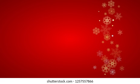 Christmas snow on red background. Glitter frame for winter banners, gift coupon, voucher, ads, party event. Santa Claus colors with golden Christmas snow. Horizontal falling snowflakes for holiday