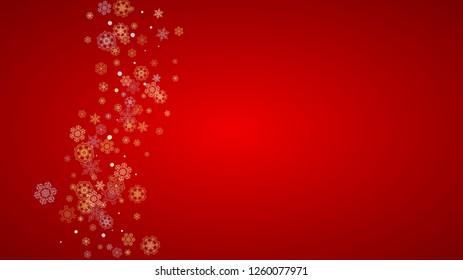 Christmas snow on red background. Glitter frame for winter banners, gift coupon, voucher, ads, party event. Santa Claus colors with golden Christmas snow. Horizontal falling snowflakes for holiday
