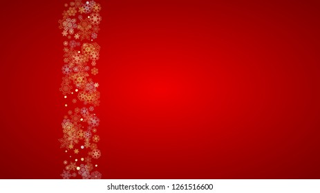 Christmas snow on red background. Glitter frame for winter banners, gift coupon, voucher, ads, party event. Santa Claus colors with golden Christmas snow. Horizontal falling snowflakes for holiday