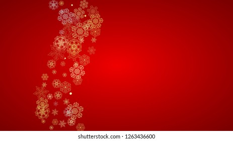 Christmas snow on red background. Glitter frame for winter banners, gift coupon, voucher, ads, party event. Santa Claus colors with golden Christmas snow. Horizontal falling snowflakes for holiday