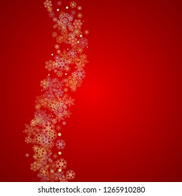 Christmas snow on red background. Glitter frame for seasonal winter banners, gift coupon, voucher, ads, party event. Santa Claus colors with golden Christmas snow. Falling snowflakes for holiday