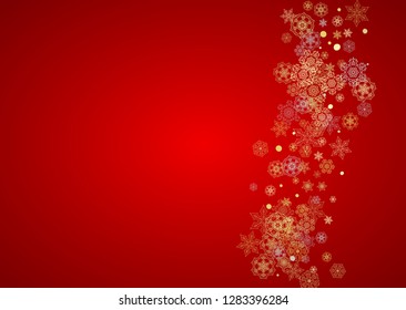 Christmas snow on red background. Glitter frame for winter banners, gift coupon, voucher, ads, party event. Santa Claus colors with golden Christmas snow. Horizontal falling snowflakes for holiday