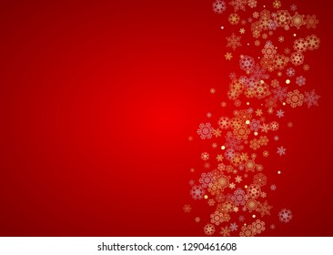 Christmas snow on red background. Glitter frame for winter banners, gift coupon, voucher, ads, party event. Santa Claus colors with golden Christmas snow. Horizontal falling snowflakes for holiday