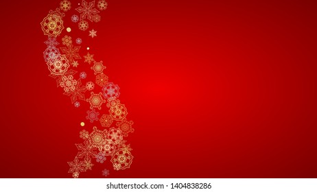 Christmas snow on red background. Glitter frame for winter banners, gift coupon, voucher, ads, party event. Santa Claus colors with golden Christmas snow. Horizontal falling snowflakes for holiday