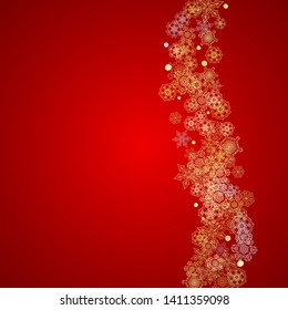 Christmas snow on red background. Glitter frame for seasonal winter banners, gift coupon, voucher, ads, party event. Santa Claus colors with golden Christmas snow. Falling snowflakes for holiday