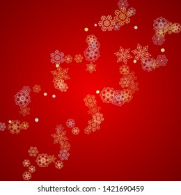 Christmas snow on red background. Glitter frame for seasonal winter banners, gift coupon, voucher, ads, party event. Santa Claus colors with golden Christmas snow. Falling snowflakes for holiday