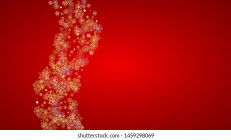 Christmas snow on red background. Glitter frame for winter banners, gift coupon, voucher, ads, party event. Santa Claus colors with golden Christmas snow. Horizontal falling snowflakes for holiday