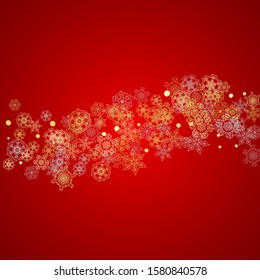 Christmas snow on red background. Glitter frame for seasonal winter banners, gift coupon, voucher, ads, party event. Santa Claus colors with golden Christmas snow. Falling snowflakes for holiday