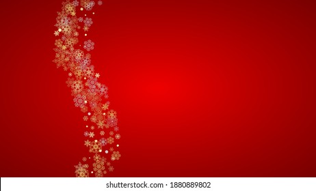 Christmas snow on red background. Glitter frame for winter banners, gift coupon, voucher, ads, party event. Santa Claus colors with golden Christmas snow. Horizontal falling snowflakes for holiday