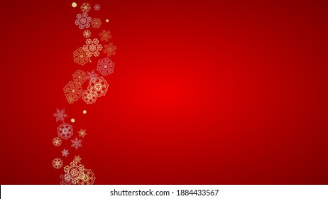 Christmas snow on red background. Glitter frame for winter banners, gift coupon, voucher, ads, party event. Santa Claus colors with golden Christmas snow. Horizontal falling snowflakes for holiday