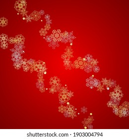Christmas snow on red background. Glitter frame for seasonal winter banners, gift coupon, voucher, ads, party event. Santa Claus colors with golden Christmas snow. Falling snowflakes for holiday