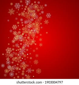 Christmas snow on red background. Glitter frame for seasonal winter banners, gift coupon, voucher, ads, party event. Santa Claus colors with golden Christmas snow. Falling snowflakes for holiday