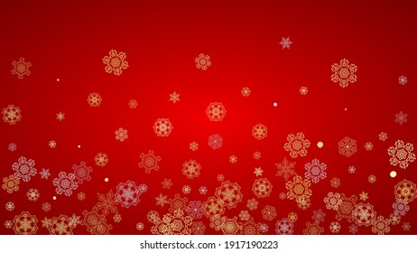 Christmas snow on red background. Glitter frame for winter banners, gift coupon, voucher, ads, party event. Santa Claus colors with golden Christmas snow. Horizontal falling snowflakes for holiday