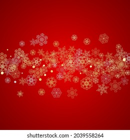 Christmas snow on red background. Glitter frame for seasonal winter banners, gift coupon, voucher, ads, party event. Santa Claus colors with golden Christmas snow. Falling snowflakes for holiday