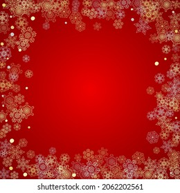 Christmas snow on red background. Glitter frame for seasonal winter banners, gift coupon, voucher, ads, party event. Santa Claus colors with golden Christmas snow. Falling snowflakes for holiday