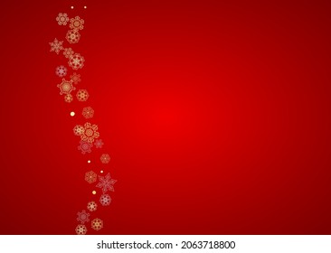Christmas snow on red background. Glitter frame for winter banners, gift coupon, voucher, ads, party event. Santa Claus colors with golden Christmas snow. Horizontal falling snowflakes for holiday
