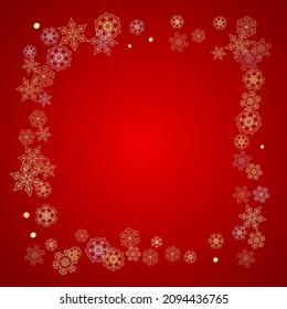 Christmas snow on red background. Glitter frame for seasonal winter banners, gift coupon, voucher, ads, party event. Santa Claus colors with golden Christmas snow. Falling snowflakes for holiday