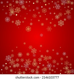 Christmas snow on red background. Glitter frame for seasonal winter banners, gift coupon, voucher, ads, party event. Santa Claus colors with golden Christmas snow. Falling snowflakes for holiday