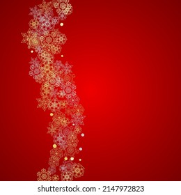 Christmas snow on red background. Glitter frame for seasonal winter banners, gift coupon, voucher, ads, party event. Santa Claus colors with golden Christmas snow. Falling snowflakes for holiday