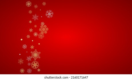 Christmas snow on red background. Glitter frame for winter banners, gift coupon, voucher, ads, party event. Santa Claus colors with golden Christmas snow. Horizontal falling snowflakes for holiday