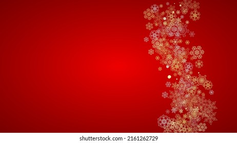 Christmas snow on red background. Glitter frame for winter banners, gift coupon, voucher, ads, party event. Santa Claus colors with golden Christmas snow. Horizontal falling snowflakes for holiday