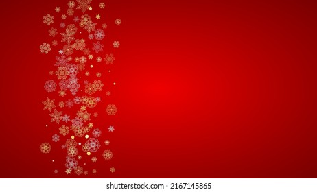 Christmas snow on red background. Glitter frame for winter banners, gift coupon, voucher, ads, party event. Santa Claus colors with golden Christmas snow. Horizontal falling snowflakes for holiday