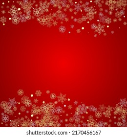 Christmas snow on red background. Glitter frame for seasonal winter banners, gift coupon, voucher, ads, party event. Santa Claus colors with golden Christmas snow. Falling snowflakes for holiday