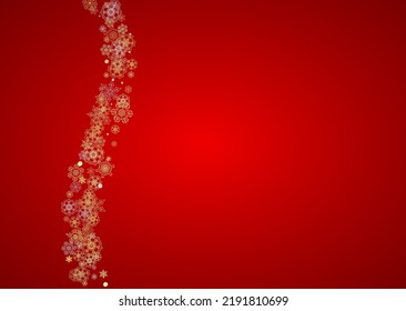Christmas snow on red background. Glitter frame for winter banners, gift coupon, voucher, ads, party event. Santa Claus colors with golden Christmas snow. Horizontal falling snowflakes for holiday
