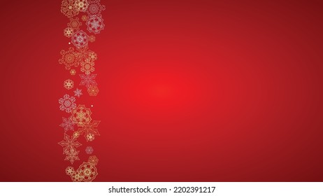 Christmas snow on red background. Glitter frame for winter banners, gift coupon, voucher, ads, party event. Santa Claus colors with golden Christmas snow. Horizontal falling snowflakes for holiday