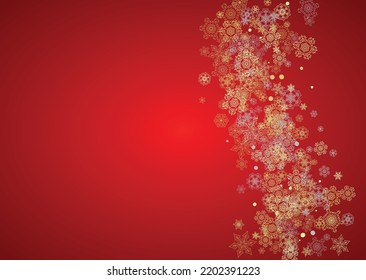 Christmas snow on red background. Glitter frame for winter banners, gift coupon, voucher, ads, party event. Santa Claus colors with golden Christmas snow. Horizontal falling snowflakes for holiday
