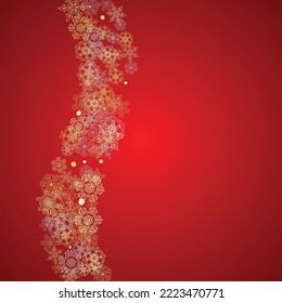 Christmas snow on red background. Glitter frame for seasonal winter banners, gift coupon, voucher, ads, party event. Santa Claus colors with golden Christmas snow. Falling snowflakes for holiday