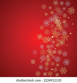 Christmas snow on red background. Glitter frame for seasonal winter banners, gift coupon, voucher, ads, party event. Santa Claus colors with golden Christmas snow. Falling snowflakes for holiday