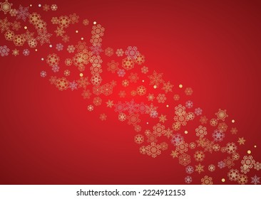 Christmas snow on red background. Glitter frame for winter banners, gift coupon, voucher, ads, party event. Santa Claus colors with golden Christmas snow. Horizontal falling snowflakes for holiday
