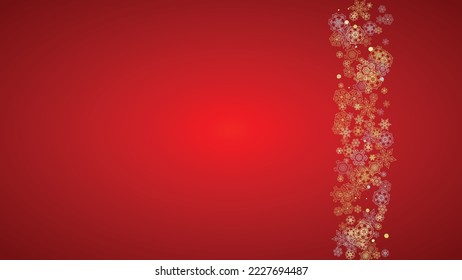 Christmas snow on red background. Glitter frame for winter banners, gift coupon, voucher, ads, party event. Santa Claus colors with golden Christmas snow. Horizontal falling snowflakes for holiday