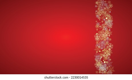 Christmas snow on red background. Glitter frame for winter banners, gift coupon, voucher, ads, party event. Santa Claus colors with golden Christmas snow. Horizontal falling snowflakes for holiday