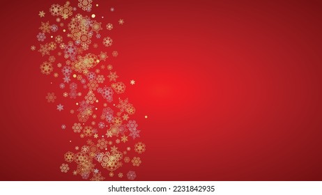 Christmas snow on red background. Glitter frame for winter banners, gift coupon, voucher, ads, party event. Santa Claus colors with golden Christmas snow. Horizontal falling snowflakes for holiday