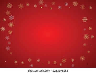 Christmas snow on red background. Glitter frame for winter banners, gift coupon, voucher, ads, party event. Santa Claus colors with golden Christmas snow. Horizontal falling snowflakes for holiday
