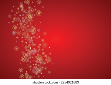 Christmas snow on red background. Glitter frame for winter banners, gift coupon, voucher, ads, party event. Santa Claus colors with golden Christmas snow. Horizontal falling snowflakes for holiday
