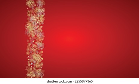 Christmas snow on red background. Glitter frame for winter banners, gift coupon, voucher, ads, party event. Santa Claus colors with golden Christmas snow. Horizontal falling snowflakes for holiday