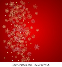 Christmas snow on red background. Glitter frame for seasonal winter banners, gift coupon, voucher, ads, party event. Santa Claus colors with golden Christmas snow. Falling snowflakes for holiday