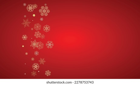 Christmas snow on red background. Glitter frame for winter banners, gift coupon, voucher, ads, party event. Santa Claus colors with golden Christmas snow. Horizontal falling snowflakes for holiday