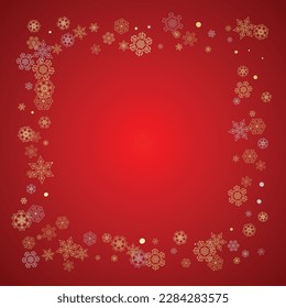 Christmas snow on red background. Glitter frame for seasonal winter banners, gift coupon, voucher, ads, party event. Santa Claus colors with golden Christmas snow. Falling snowflakes for holiday