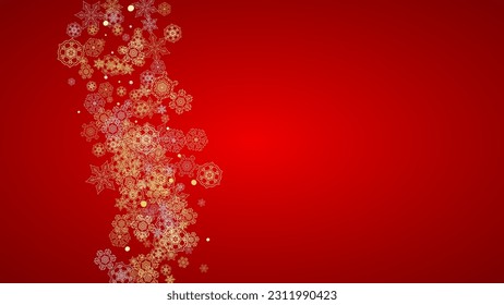 Christmas snow on red background. Glitter frame for winter banners, gift coupon, voucher, ads, party event. Santa Claus colors with golden Christmas snow. Horizontal falling snowflakes for holiday