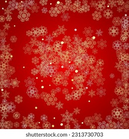 Christmas snow on red background. Glitter frame for seasonal winter banners, gift coupon, voucher, ads, party event. Santa Claus colors with golden Christmas snow. Falling snowflakes for holiday