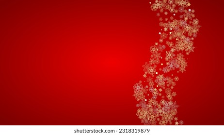 Christmas snow on red background. Glitter frame for winter banners, gift coupon, voucher, ads, party event. Santa Claus colors with golden Christmas snow. Horizontal falling snowflakes for holiday