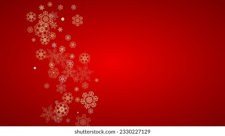 Christmas snow on red background. Glitter frame for winter banners, gift coupon, voucher, ads, party event. Santa Claus colors with golden Christmas snow. Horizontal falling snowflakes for holiday