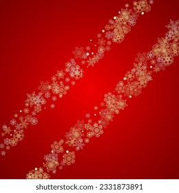 Christmas snow on red background. Glitter frame for seasonal winter banners, gift coupon, voucher, ads, party event. Santa Claus colors with golden Christmas snow. Falling snowflakes for holiday